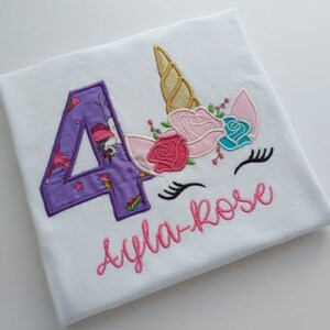 unicorn birthday shirt embroidered, personalised unicorn t-shirt, girls birthday shirt, unicorn birthday applique shirt, unicorn party