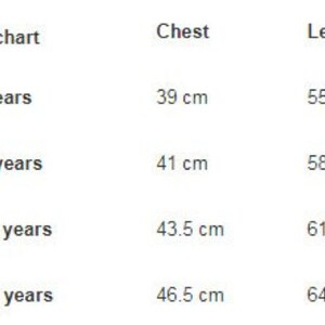 May include: Size chart for children's clothing showing chest and length measurements in centimeters for ages 7-8, 9-10, 11-12, and 13-14 years.