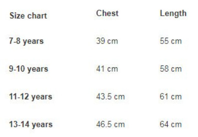 May include: Size chart for children's clothing showing chest and length measurements in centimeters for ages 7-8, 9-10, 11-12, and 13-14 years.