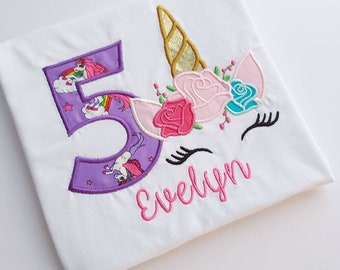 unicorn birthday shirt embroidered, personalised unicorn t-shirt, girls birthday shirt, unicorn birthday applique shirt, unicorn party