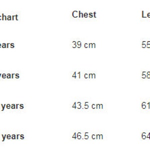 May include: Size chart for children's clothing with measurements in centimeters for chest and length. Sizes range from 7-8 years to 13-14 years.