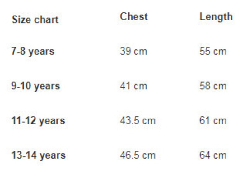 May include: Size chart for children's clothing with measurements in centimeters for chest and length. Sizes range from 7-8 years to 13-14 years.