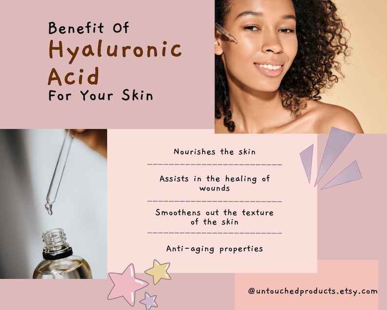 May include: A promotional image for skincare products. The image features a woman, a bottle with a dropper, and text that reads "Benefit of Hyaluronic Acid for Your Skin." The text also lists the benefits of the product.
