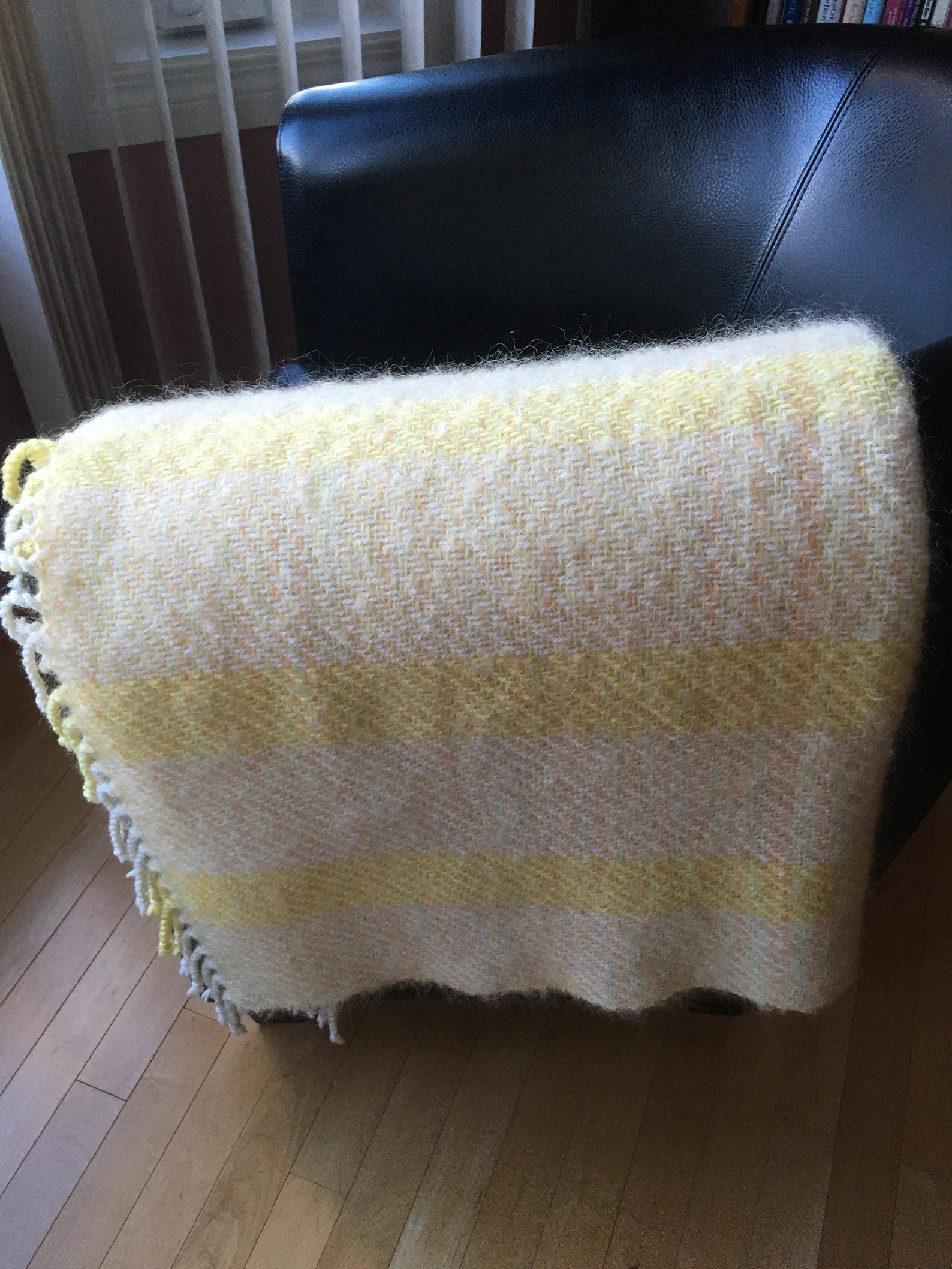 Yellow and White Woven Blanket, Boho Handwoven Sofa Throw, Cozy Mohair