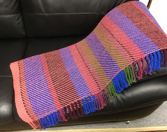Woven wool throw blanket of 100% Canada source material, pink blue & green handwoven sofa throw, cozy couch afghan 41"x65"