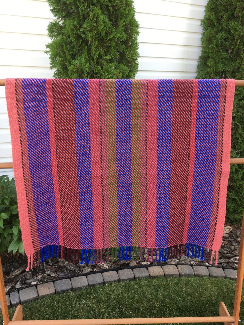 Woven Wool Throw Blanket Pink Blue and Green Handwoven Sofa Etsy