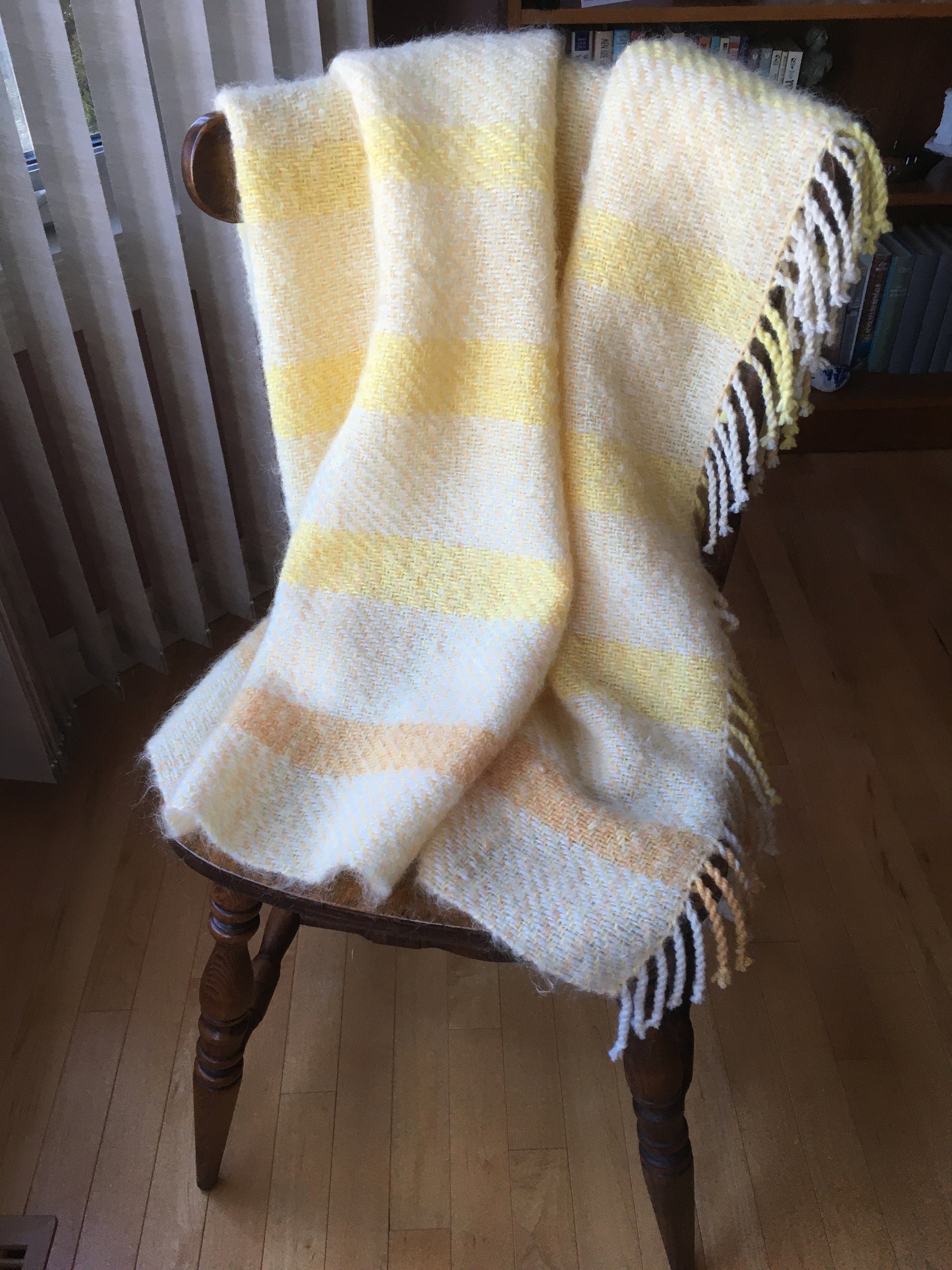 Yellow and White Woven Blanket, Boho Handwoven Sofa Throw, Cozy Mohair