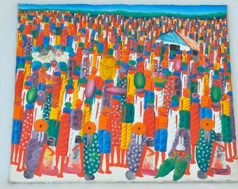 May include: A colorful painting depicting a large crowd of people in a market setting. The people are all wearing bright colors and have unique features. The painting is done in a naive style and has a vibrant, joyful feel.