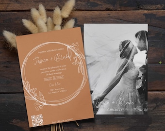 Jesienne minimalistyczne zaproszenie ślubne, kod QR, zaproszenie ślubne z RSVP, do druku, edytowalny nowoczesny szablon, RSVP, szczegóły, neutralny, zestaw