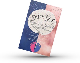 Edytowalny granatowy i różowy szablon zaproszenia na przyjęcie z okazji ujawnienia płci dziecka, cyfrowe zaproszenie do pobrania, dostosowywalne