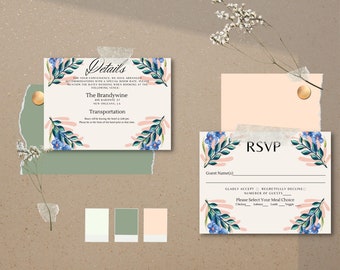 Szablon zaproszenia ślubnego RSVP/szczegóły w akwareli i pastelowych kwiatach