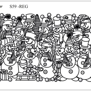 Pode incluir: Ilustração a preto e branco de um grupo de bonecos de neve usando chapéus e cachecóis. Alguns bonecos de neve estão segurando presentes, vassouras e baldes. O texto "The Rainbow" e "S59-REG" está no canto superior esquerdo.