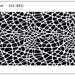 Può includere: Motivo astratto in bianco e nero con un design a rete. Il motivo è composto da piccole forme irregolari collegate da linee sottili. Il motivo si ripete in tutta l'immagine. Il testo "The Rainbow" e "S54-REG" è visibile negli angoli in alto a sinistra e in alto a destra dell'immagine.