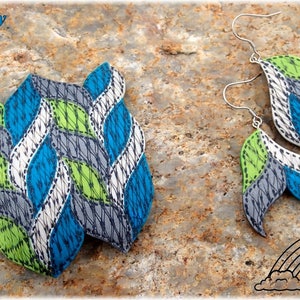 May include: A pair of polymer clay earrings with a patchwork design in shades of gray, green, and blue. The earrings are shaped like leaves and have silver hooks. The text "Polymer clay Patchwork" is visible in the image.