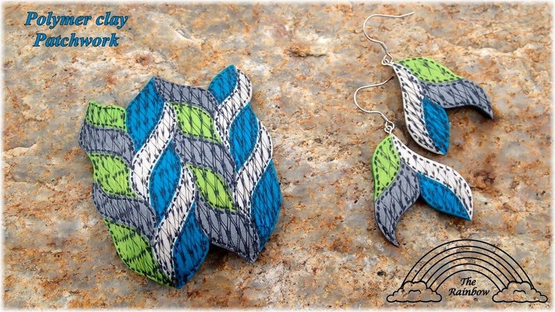 May include: A pair of polymer clay earrings with a patchwork design in shades of gray, green, and blue. The earrings are shaped like leaves and have silver hooks. The text "Polymer clay Patchwork" is visible in the image.