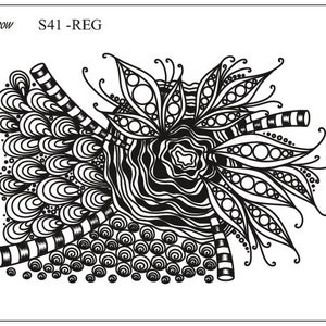 Pode incluir: Arte abstrata em preto e branco com um design floral. A arte é intitulada "The Rainbow" e etiquetada como "S41 - REG".