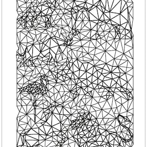 May include: Black and white line art illustration of a geometric design with a triangular pattern. The design features multiple overlapping shapes that resemble animals. The image is labeled "The Rainbow S62 - XL".