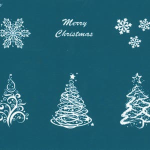 May include: A teal blue background with white snowflakes and stylized Christmas trees. The text "Merry Christmas" is written in white.