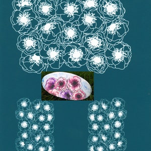May include: A teal background with white outlines of flowers. The flowers are arranged in a cluster at the top of the image and in two columns at the bottom. A painted rock with pink and purple flowers is in the center of the image.