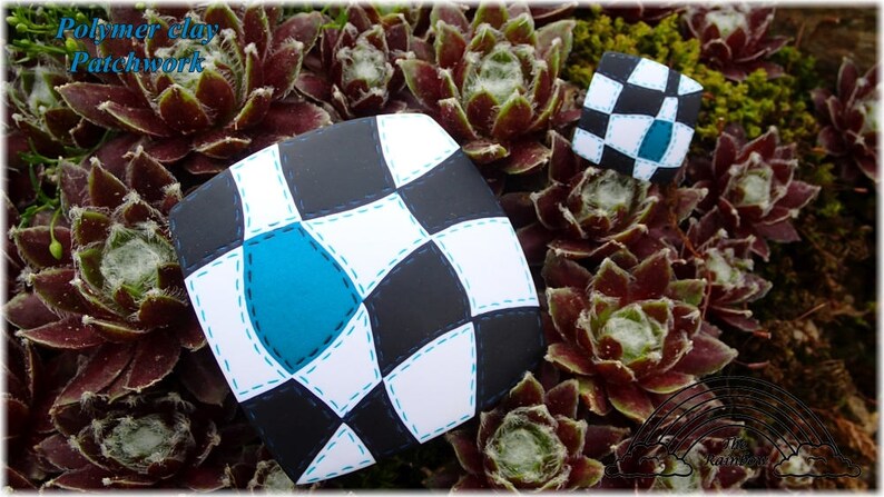 May include: Two polymer clay patchwork squares with a black and white checkered pattern and blue accents. The text "Polymer clay Patchwork" is visible in the top left corner of the image.