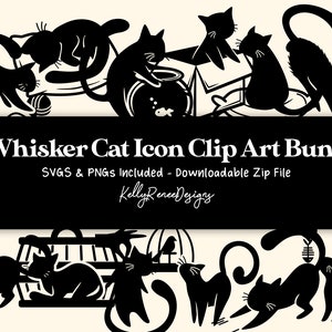 12 Black Whisker Cat Tattoo Single Shape - Icon Bundle Cricut Printing PNGs Digital Files Instant Download High Res SVG