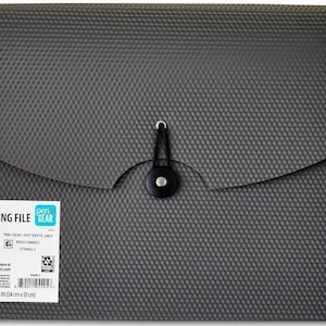 May include: A dark gray 13-pocket expanding file folder with a textured pattern. The folder has a flap closure with a black button and elastic loop. The label indicates it is letter size, measuring 9.45 in x 13 in (24 cm x 33 cm).