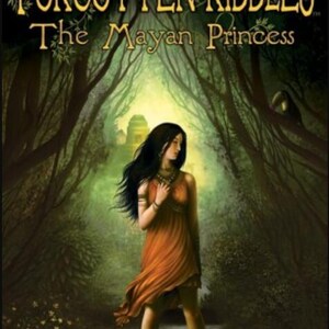 Könnte beinhalten: Ein PC-Spiel-Cover für Forgotten Riddles: The Mayan Princess mit einer Person mit langem dunklen Haar in einem orangefarbenen Kleid, die in einem dunklen Wald vor einem fernen Steingebäude steht, Big Fish Games Logo und ESRB Everyone E Einstufung.