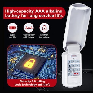 May include: White keypad door lock with a digital keypad and a flip-up cover. The keypad has numbers 1 through 0 and up and down arrows. The lock has a red label that says "PROGUARD". The lock is on a circuit board with a red lock icon and the text "Security 2.0 rolling code technology anti-theft".