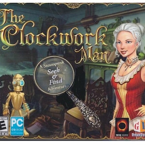 May include: The Clockwork Man game box cover features a steampunk-style illustration of a woman in a red and gold dress, a robot, and a magnifying glass. The text on the cover reads "The Clockwork Man" and "A Steampunk Seek & Find Adventure".