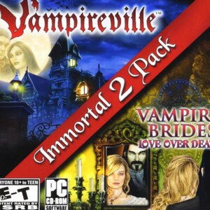 May include: A game box set titled "Vampireville Immortal 2 Pack" featuring a gothic mansion under a moonlit sky. The box includes "Vampire Brides Love Over Death" with a portrait of a vampire couple. The game is rated for ages 10+.