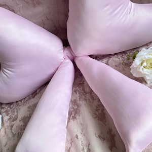 Peut inclure: Un oreiller de corps en satin rose clair de forme unique. L'oreiller a une texture lisse et brillante et est conçu avec plusieurs sections. Une rose blanche est également visible sur une surface à motifs.