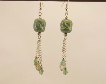Pearl Earrings in aged Blue ceramic, silver and diamond shaped glass beads