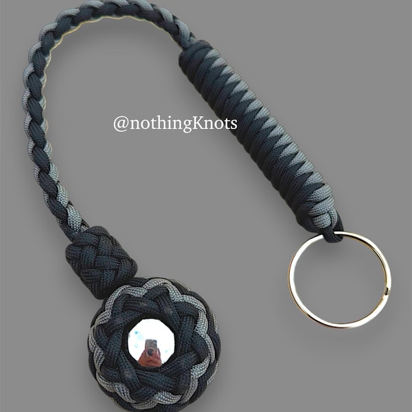 Decorative Paracord Wrapped 1.5 inch Steel Ball in Black and Charcoal Gray Keychain monkey fist style on a split ring