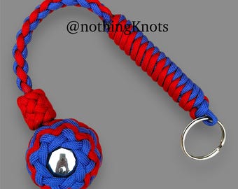 Decorative Paracord Wrapped 1.5 inch Steel Ball in Red and Blue Keychain monkey fist style