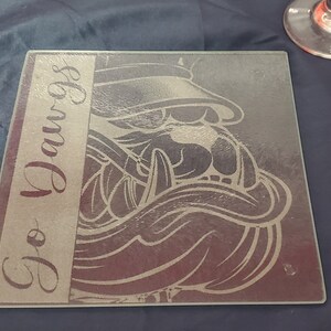 Go Dawgs Inspired 7.75x7.75 Glass Etched Cheese Serving/Cutting Board