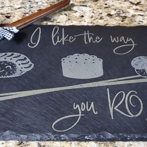 12x8 &quot;I like the way you Roll&quot; Sushi Board - Engraved Slate w/2 Pair of Bamboo Chopsticks