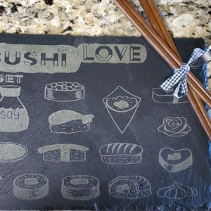 12x8 &quot;Sushi Love Set&quot;l Sushi Board - Engraved Slate w/2 Pair of Bamboo Chopsticks