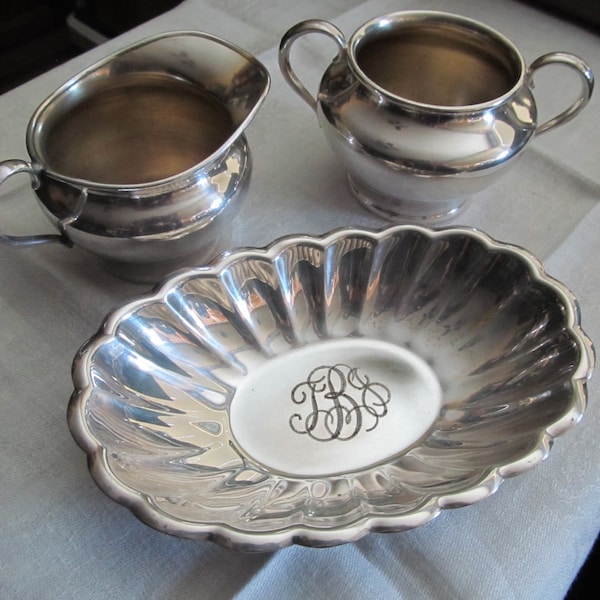 Elegant Rogers creamer and sugar with a  Reed & Barton scalloped candy dish.  Beautiful classic style ready to use.  1950s