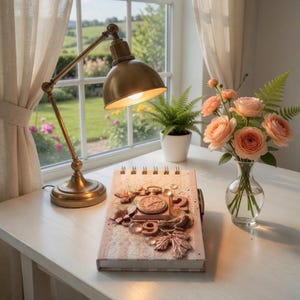 May include: A desk scene featuring a vintage-style brass lamp illuminating a detailed journal. The journal has a decorative cover with embossed elements. A vase of peach roses and a small potted fern add to the aesthetic.