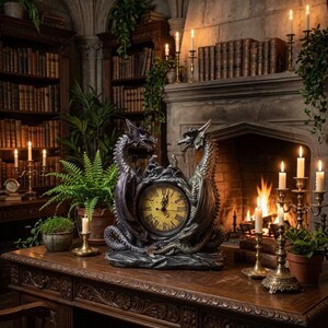 May include: A dark gray dragon-themed mantel clock featuring two sculpted dragons facing each other with wings arched over a circular clock face. The clock has a yellow dial with black Roman numerals and ornate hands, set on a rocky base.