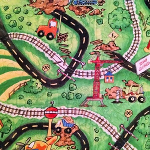 May include: A colorful playmat with a road, train tracks, and buildings. There are toy vehicles on the road, including a crane, a truck, and a car. The playmat is made of a soft, durable material and is perfect for children of all ages.