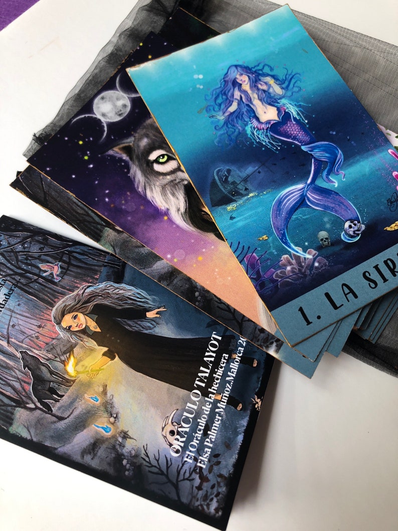 Cartas adivinatorias del oráculo, cartas calidad extra, CARTAS DE ADIVINACIÓN - ORACULO de cartas de Elsa Palmer. baraja de naipes originales. oráculo pintado a mano. Juegos de cartas mágicos. trading card games. Cartas exclusivas hechas a mano.