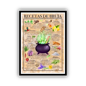 Cartel letrero Recetas de Bruja. Decoración para tu hogar. cartel decorativo con las Propiedades Mágicas de las Plantas. Herbolario