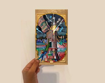 May include: A tarot card with a colorful illustration of a tower being struck by lightning and falling apart. The card is titled "La Torre" and numbered 16.