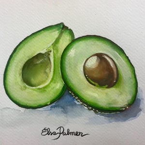 Watercolor Avocado Print – Hand-Painted Kitchen Art, Original Fruit Still Life