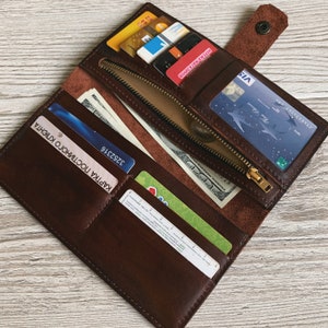 Cartera para mujeres Cartera de cuero mujer Cartera personalizada Zipper Wristlet wallet Brown Long wallet Bolso de cuero