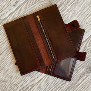 Cartera de mano de cuero Cartera de cuero Cartera personalizada para mujer Cartera con cremallera Cartera de pulsera Monedero Cartera larga de cuero marrón