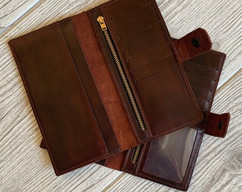 Leather clutch wallet Leather wallet women's Personalized wallet Zipper wallet Wristlet wallet Coin Long Brown leather wallet