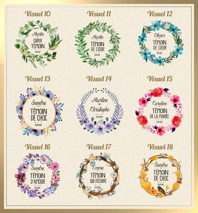 May include: A collection of nine floral wreath designs with text. Each wreath features a different arrangement of flowers and foliage, with names and dates. The wreaths are in various colors, including green, blue, pink, and orange, on a gold background.