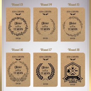 May include: A set of six brown paper cards with different designs for a wedding. The cards feature a wreath with the text "Olivier Super T&eacute;moin" and the date "01.09.2021".